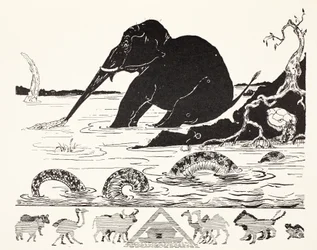 A criança do elefante que tem seu nariz puxou pelo crocodilo, ilustração de "apenas assim histórias para crianças pequenas" por Rudyard Kipling, bar. Londres, 1951